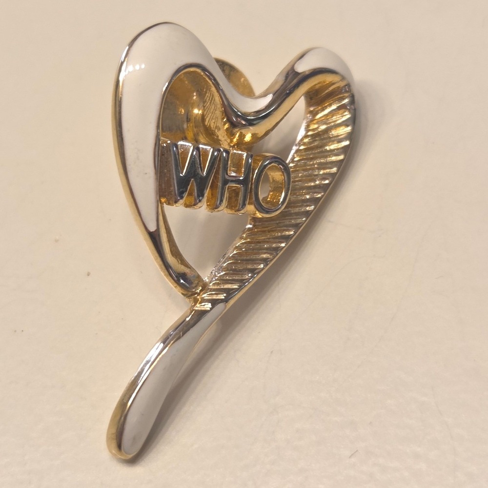 WHO Heart‎ Pin Gold Tone White Enamel Lapel Tie Tack Brooch Jewelry